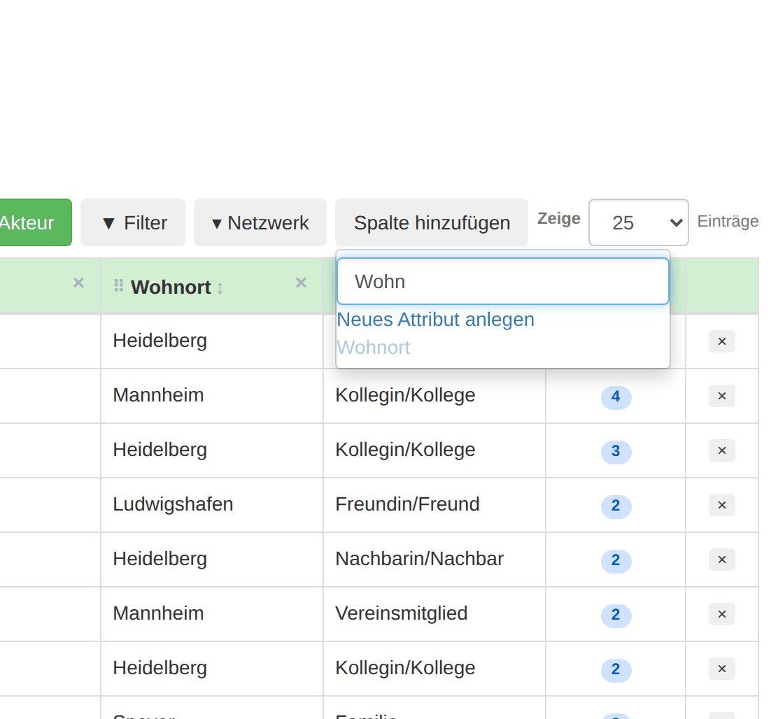 Spalte hinzufügen Spaltenauswahl mit Attributsuche