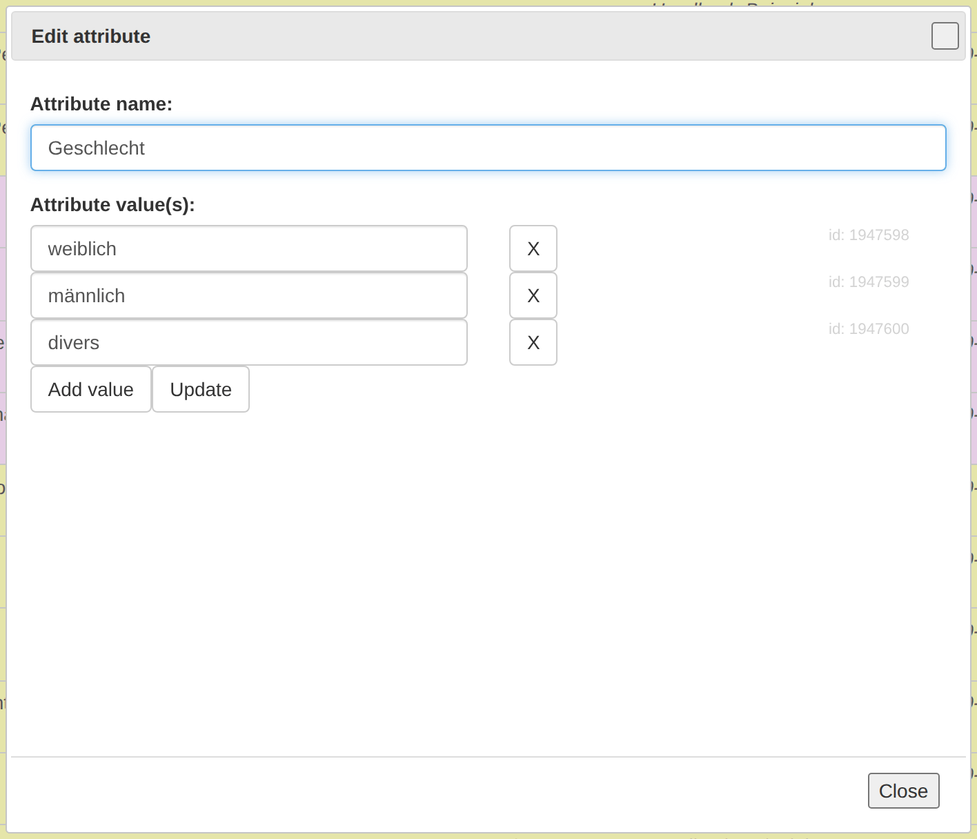Dialog zum Bearbeiten eines Attributs