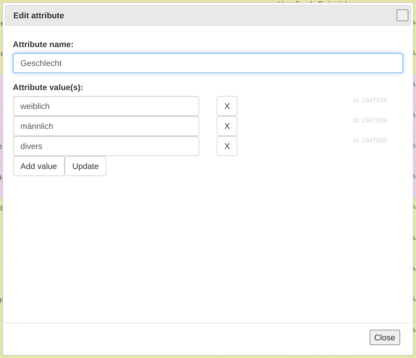 The dialog for editing an attribute