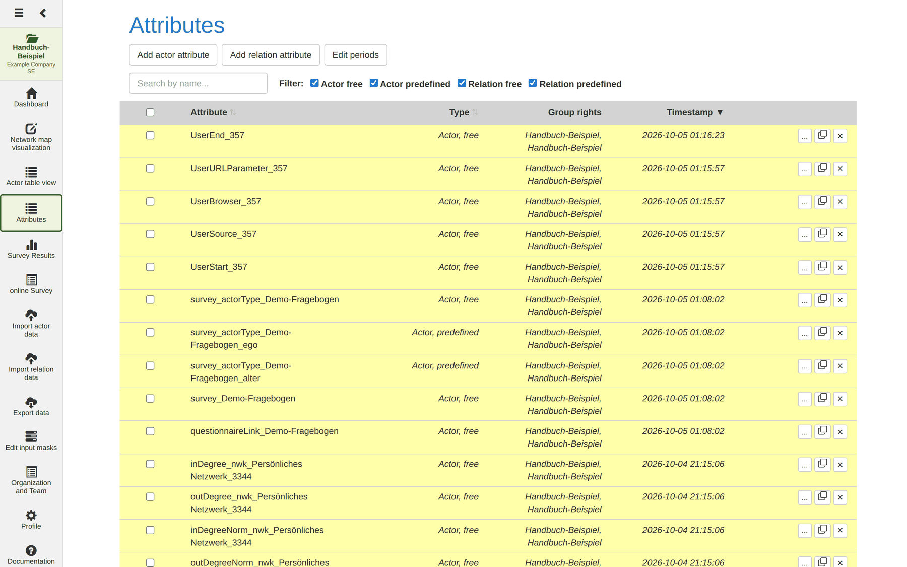 The attribute list of the example project