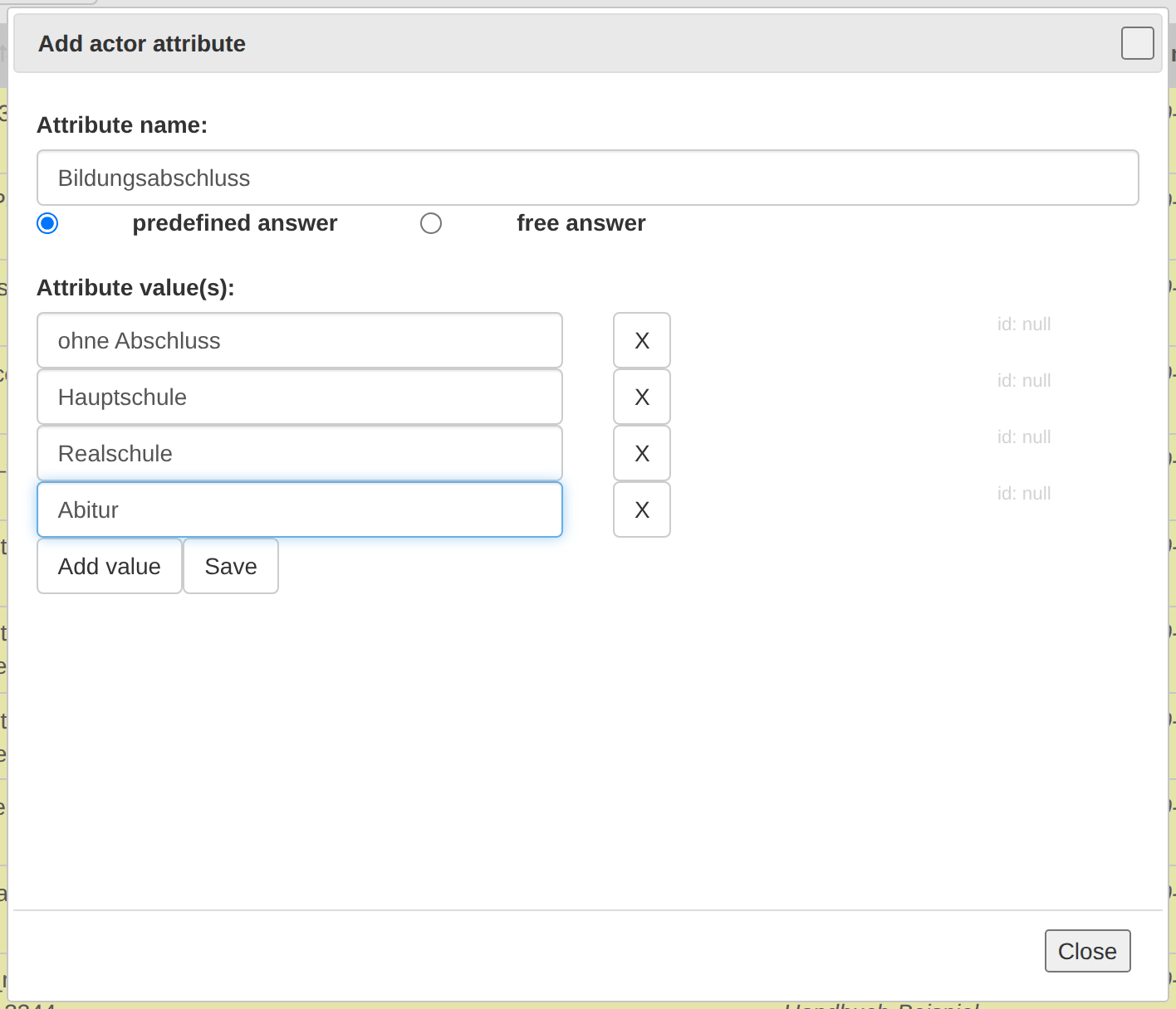 The dialog with predefined values