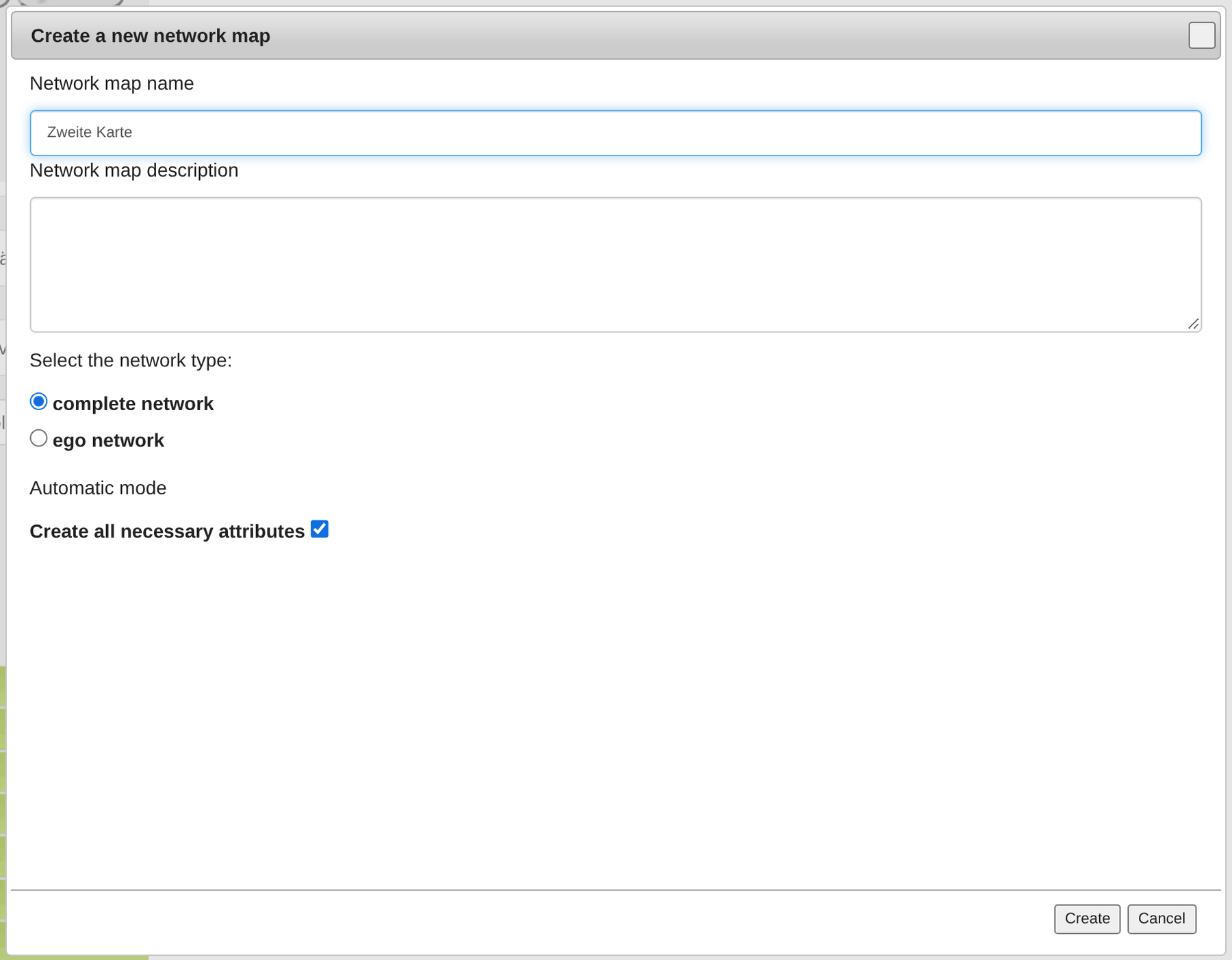 The dialog for creating a network map