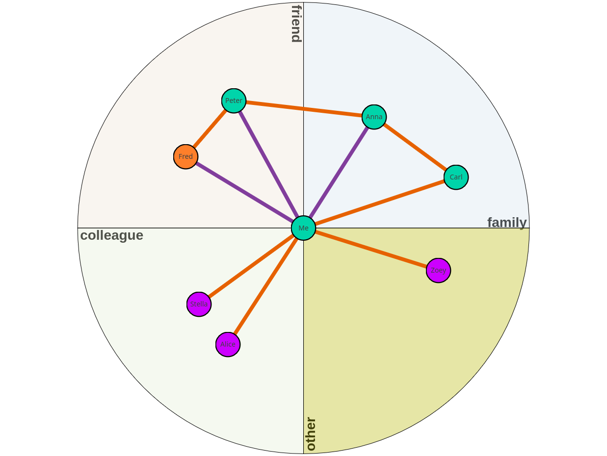 Ego network map with sectors for friends, family and colleagues